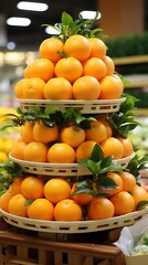 A vibrant display of stacked oranges in a market, showcasing freshness and abundance.