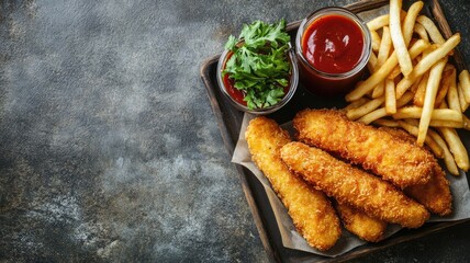Crispy breaded chicken strips with fries, salad, and sauce on wooden board