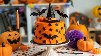 Vibrant orange Halloween cake adorned with black bats and stars, set in a party environment with festive decorations and miniature pumpkins. Halloween, spooky, haunted concept.