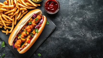 Tasty hot dog with fries, mustard, and ketchup on dark background