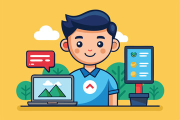 A cheerful person is engaging with their laptop, customizing a scene while enjoying nature, Customizable cartoon illustration with image upload.