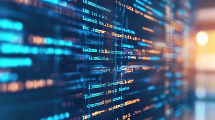 Close-up of computer code on screen with blurred background indicating complex programming