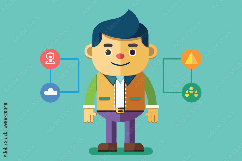 Poster a cheerful cartoon character stands against a colorful background with icons representing various co