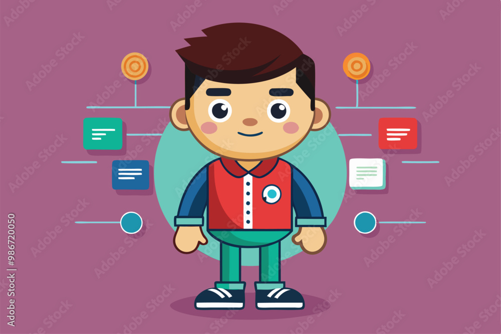 Poster a cheerful boy stands with a customizable design, surrounded by various colorful elements and shapes