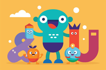 Obraz premium A colorful illustration showcases vowels represented by playful characters in a cheerful setting, Customizable cartoon illustration with vowels.