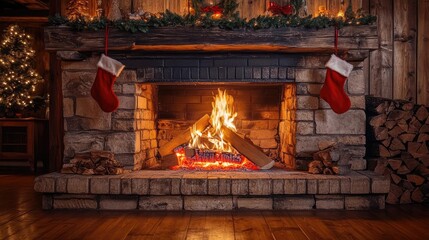 Cozy fireplace scene with stockings, creating a warm holiday atmosphere perfect for winter festivities and family gatherings.