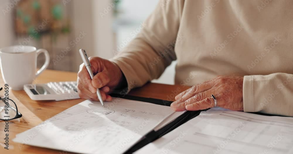 Poster Hand, sign and elderly man with documents in contract for financial plan, insurance and bills. Signature, retirement and senior guy with paper for healthcare debt, invoice and investment budgeting