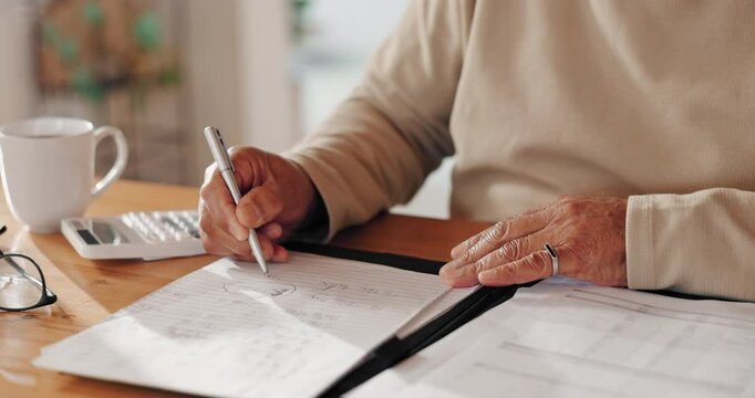 Hand, sign and elderly man with documents in contract for financial plan, insurance and bills. Signature, retirement and senior guy with paper for healthcare debt, invoice and investment budgeting
