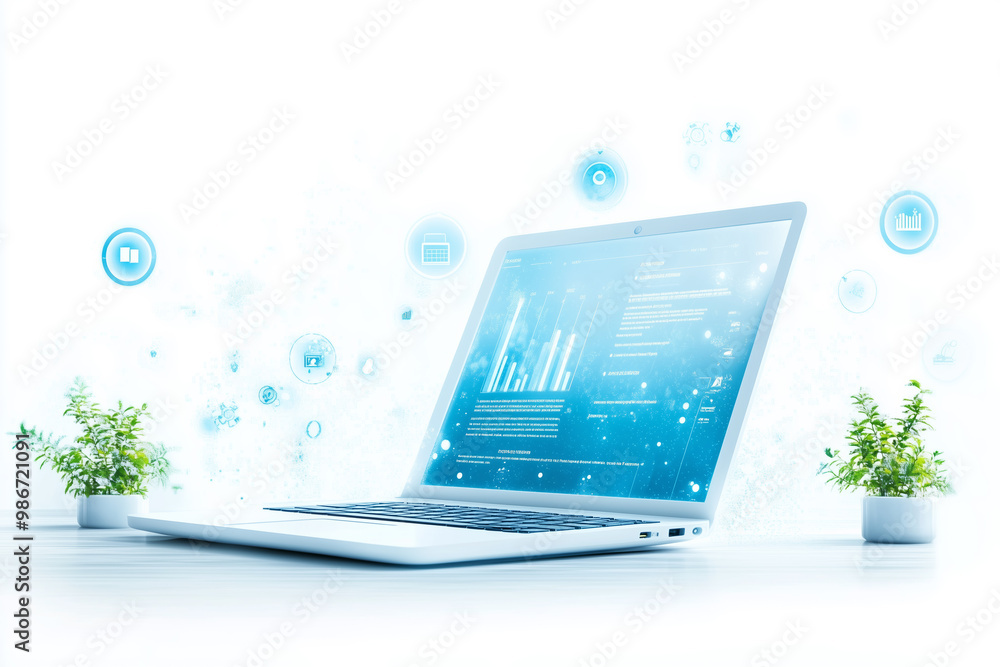 Poster modern laptop with data visualizations and plants on a bright workspace during daytime