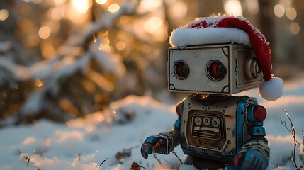 A whimsical robot wearing a Santa hat sits in a snowy forest, evoking a festive atmosphere.