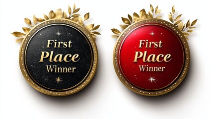 A badge with the words First Place Winner written on it in a gold and red color scheme with a white background a simple flat design highresolution photography and high quality