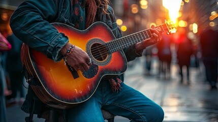 Obraz premium Street Musician Playing Acoustic Guitar During Golden Hour