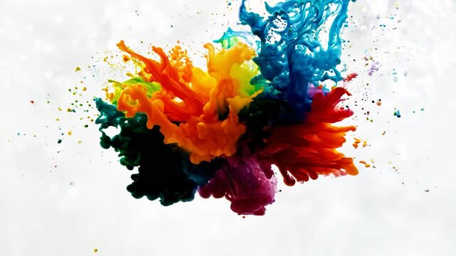 Vibrant liquid droplets explode in a spectrum of colors against a white backdrop. Red, orange, green, and teal pigments collide and blend, creating dynamic cloud-like formations.