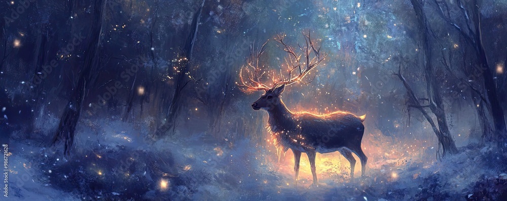 Poster a mystical deer illuminated by ethereal light in a serene forest, surrounded by soft glowing particl