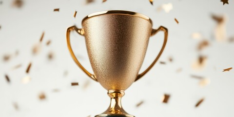 A recognizable golden trophy cup with stars and confetti falling around it on a light grey background This image represents the concept of success and victory