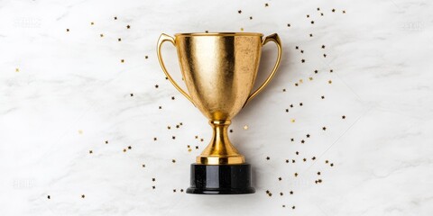 A recognizable golden trophy cup with stars and confetti falling around it on a light grey background This image represents the concept of success and victory