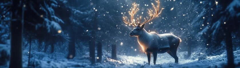 A majestic deer illuminated by soft light in a snowy forest, capturing the essence of winter's beauty and tranquility.