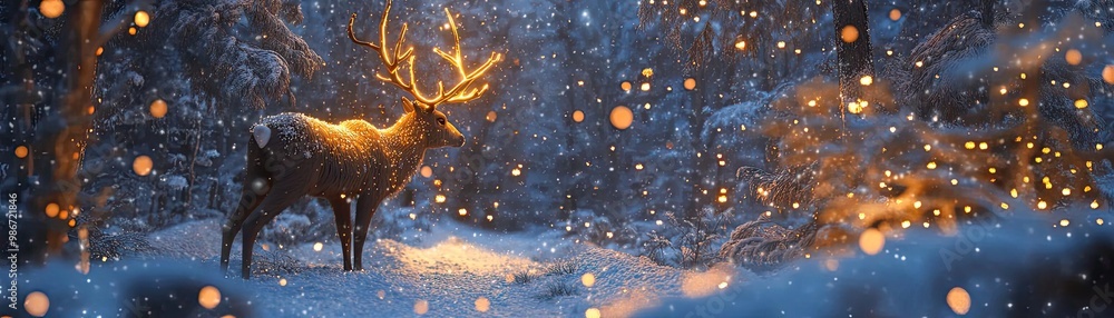 Poster a majestic deer illuminated by soft lights in a snowy forest, creating a serene and enchanting winte