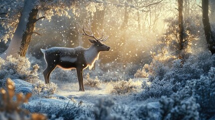 A serene winter scene featuring a majestic deer standing in a snowy forest illuminated by soft, golden light.