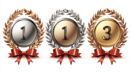 Set of first second and third place silver gold and bronze awards with laurel wreath ribbon number one two and three symbols vector illustration on a white background