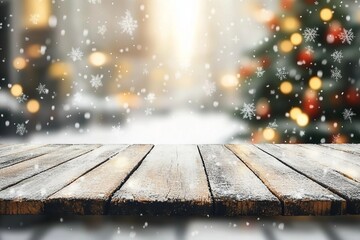 Wood table top on blur with bokeh Christmas tree background with snowfall. can be used for display or montage your products.