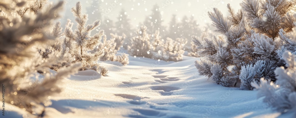 Poster a serene winter landscape with snowy path and frosted trees under soft sunlight, creating a tranquil