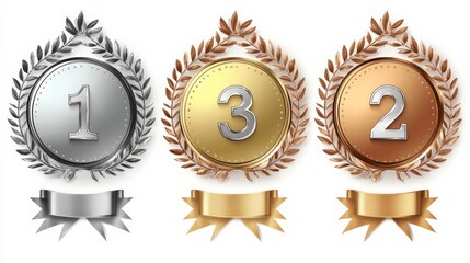 Fototapeta premium Set of first second and third place silver gold and bronze awards with laurel wreath ribbon number one two and three symbols vector illustration on a white background