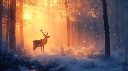 A serene winter scene with a majestic deer standing amidst snow-covered trees, illuminated by warm golden light.