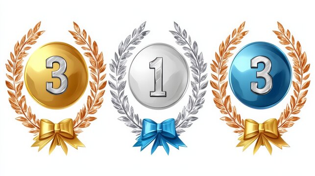 Set of first second and third place silver gold and bronze awards with laurel wreath ribbon number one two and three symbols vector illustration on a white background