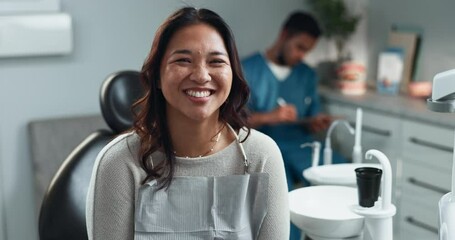 Face, smile and woman for oral hygiene, dentist and doctor appointment for teeth whitening and client. Clinic, dental care and health for mouth, treatment and happy for consultation and toothache