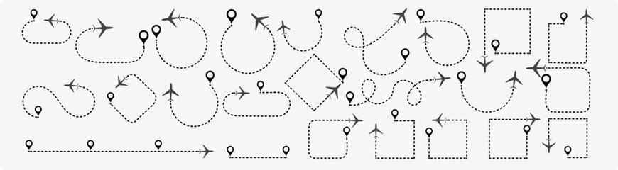 Plane timeine trail dashed line with pin. Path travel line shape. Flight route with start point and dash line trace for plane isolated vector illustration