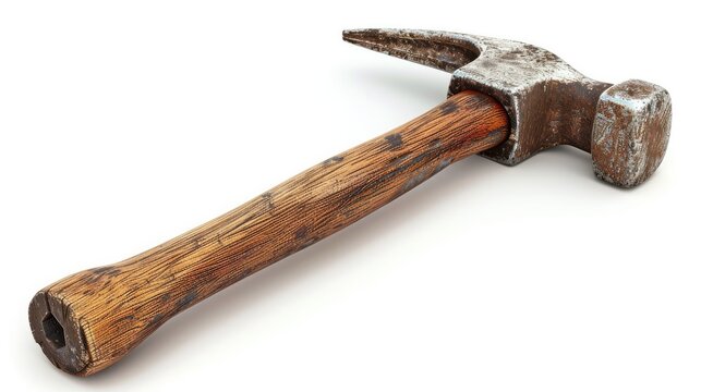 Rustic vintage wooden handled hammer with metal head lying on a wooden workbench  The hammer is a classic carpentry and home repair tool for DIY projects construction work and handyman services - Powered by Adobe