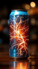 A vibrant energy drink can featuring lightning patterns, emphasizing its dynamic branding.