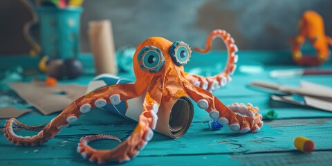 Fototapeta premium Kids' Craft Workshop: How to Make an Octopus from a Toilet Paper Roll Step 1: Collect scissors, glue, and paper Promote DIY and creativity among children with eco-friendly recycling techniques.