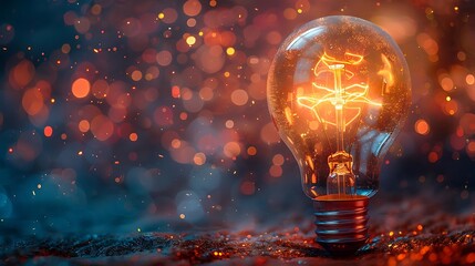 A glowing light bulb emits warm light against a blurred background of colorful bokeh.