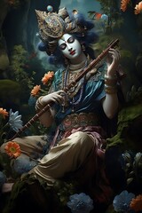 Obraz premium A serene depiction of a deity playing the flute amidst a lush, floral environment.