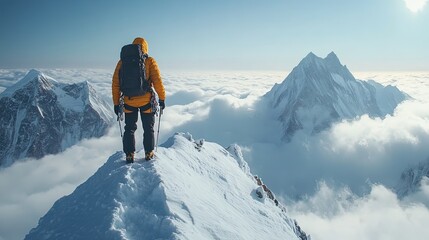 Hiker on snow-covered ridge surrounded by clouds, adventure and challenge