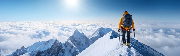 Hiker on snow-covered ridge surrounded by clouds, adventure and challenge