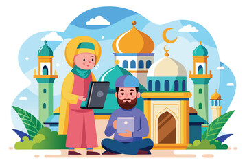 Naklejka premium Two individuals engage with devices in front of a colorful mosque, blending tradition with modernity, Customizable cartoon illustrations for mosque online services.