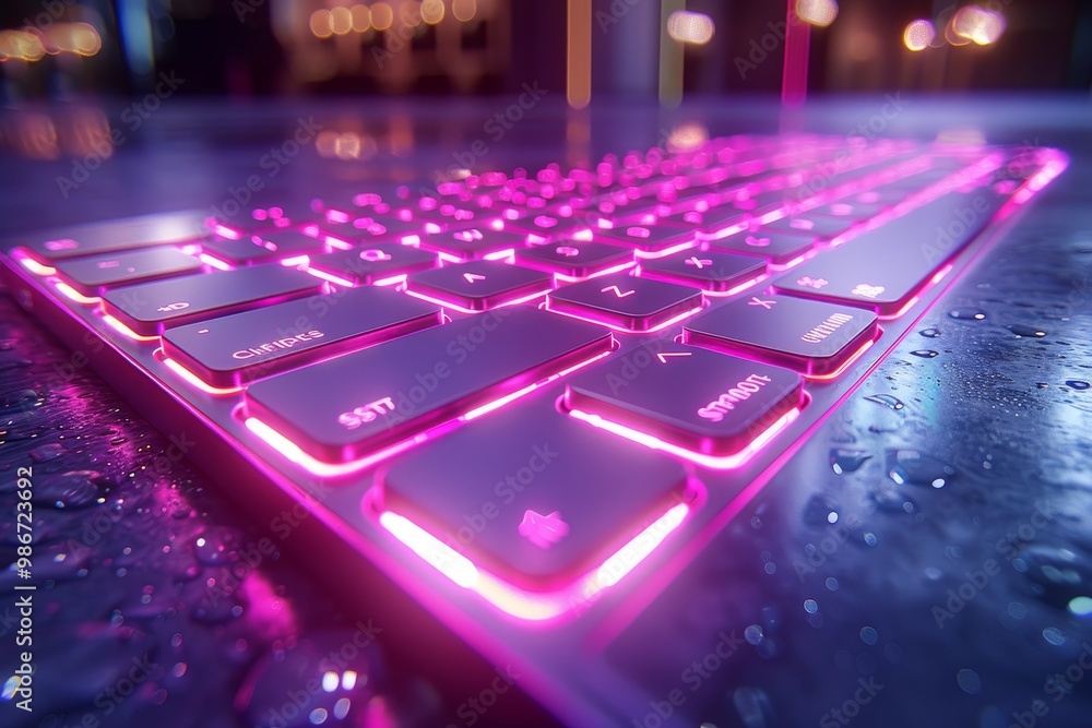 Poster illuminated keyboard outline on purple background a concept in computer technology with copy space