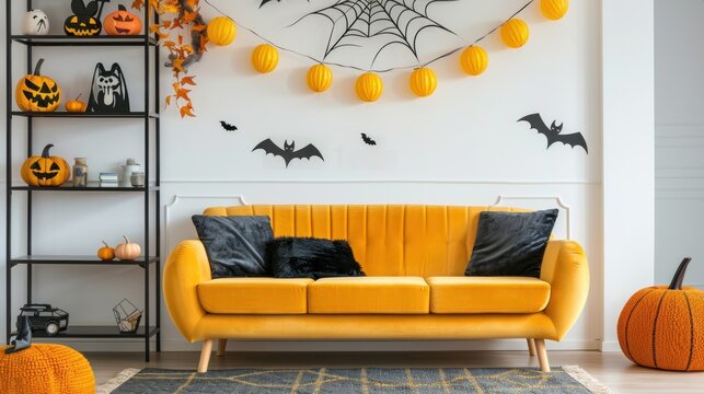 Bright and colorful Halloween living room with vibrant orange couch, decorated with themed wall decals and pumpkin decor. Halloween, spooky, haunted concept.