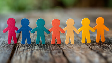 Seven colorful figures holding hands on a wooden surface, symbolizing teamwork, unity, diversity, and community spirit. Suitable for team building concepts. Generative AI
