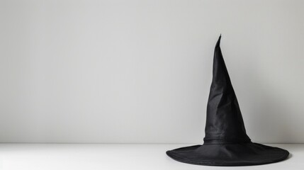 Fototapeta premium A classic black witch hat positioned on a white background, exemplifying a simple yet iconic Halloween symbol with a modern twist.