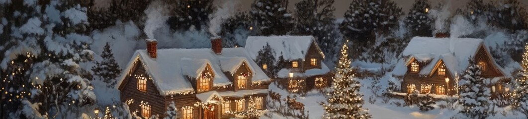 A magical winter scene featuring a festive sleigh, reindeer, and cozy homes surrounded by snow, perfect for holiday illustrations.