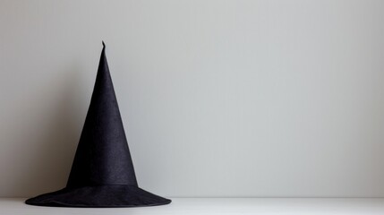 Fototapeta premium A classic black witch hat positioned on a white background, exemplifying a simple yet iconic Halloween symbol with a modern twist.