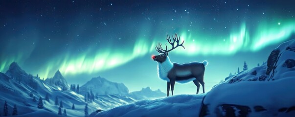 A majestic reindeer stands under the northern lights, surrounded by a serene winter landscape, capturing the essence of winter magic.
