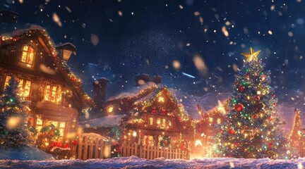 Obraz premium A joyful Santa Claus celebrates Christmas in a snowy village with a decorated tree, warm lights, and a festive spirit.