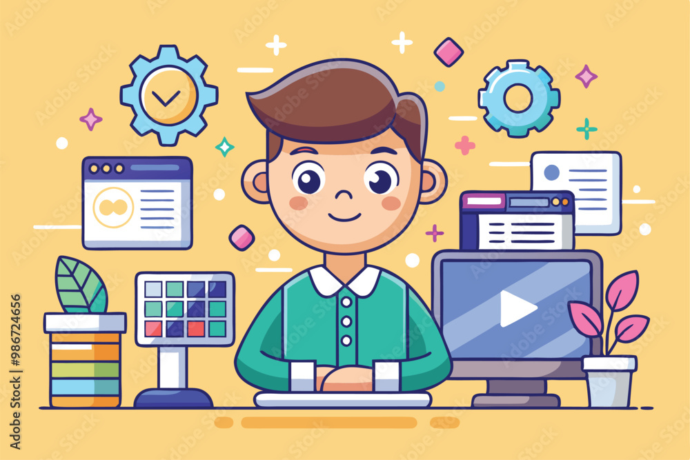 Poster a cheerful boy works at a desk equipped with a computer and vibrant design tools, focused on creativ