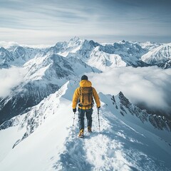 Hiker on snow-covered ridge surrounded by clouds, adventure and challenge