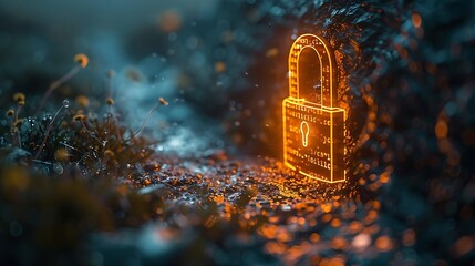 A glowing digital padlock amidst a misty landscape, symbolizing security and protection.